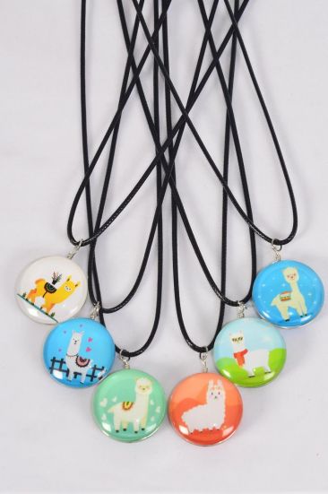 Necklace Llama Double Sided Glass Dome / 12 pcs = Dozen match 03441 Pendant Size - 1.25" Wide, Necklace 18" Long Extension Chain , 2 of each Pattern Asst , Hang Tag & OPP Bag & UPC Code