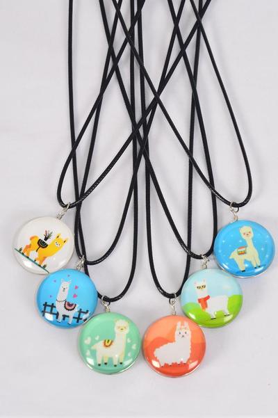 Necklace Llama Double Sided Glass Dome / 12 pcs = Dozen match 03441 Pendant Size - 1.25" Wide, Necklace 18" Long Extension Chain , 2 of each Pattern Asst , Hang Tag & OPP Bag & UPC Code