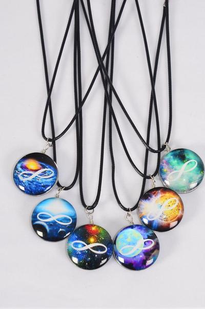 Necklace Infinity Symbol Double Sided Glass Dome / 12 pcs = Dozen  match 03428 Pendant Size - 1.25" Wide , Necklace 18" Long Extension Chain , 2 of each Pattern Asst , Hang Tag & OPP Bag & UPC Code