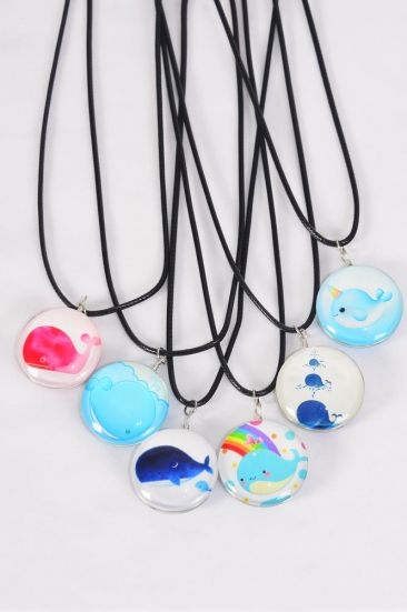Necklace Whale Double Sided Glass Dome / 12 pcs = Dozen  match 03438 Pendant Size - 1.25" Wide , Necklace 18" w Extension Chain , 2 of each Pattern Asst , Hang Tag & OPP Bag & UPC Code