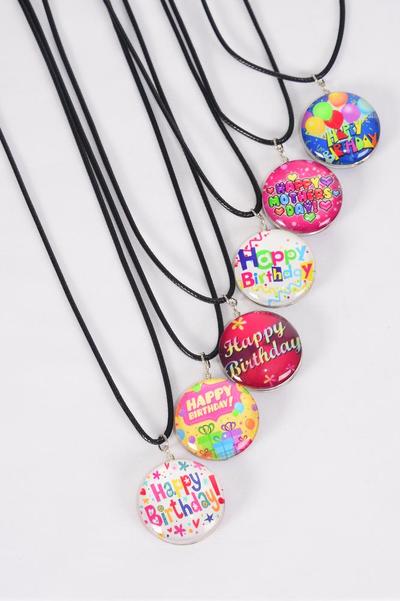 Necklace Happy Birthday Double Sided Glass Dome Multi / 12 pcs = Dozen match 03425 Pendant Size - 1.25" Wide , Necklace 18" Long Extension Chain , 2 of each Pattern Asst , Hang Tag & OPP Bag & UPC Code