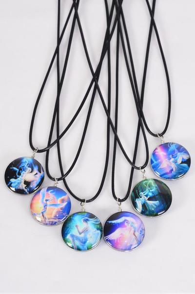 Necklace Angel Double Sided Glass Dome / 12 pcs = Dozen match 03416 Pendant Size - 1.25" Wide , Necklace 18" Long Extension Chain , 2 of each Pattern Asst ,Hang Tag & OPP Bag & UPC Code