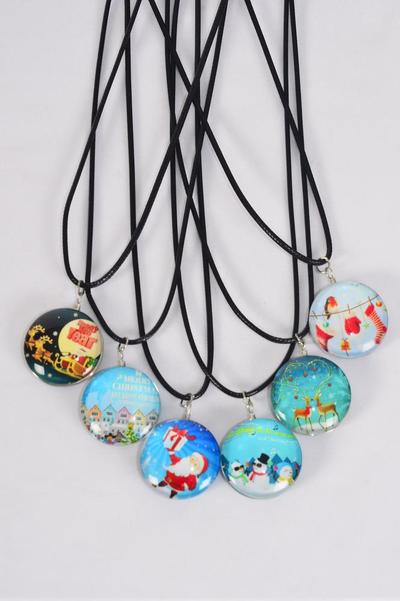 Necklace Christmas Double Sided Glass Dome / 12 pcs = Dozen  03419 Pendant Size-1.25" Wide , Necklace 18" Long Extension Chain , 2 of each Pattern Asst , Hang Tag & OPP Bag & UPC Code