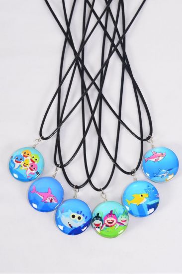 Necklace Happy Shark Under the Sea Double Sided Glass Dome / 12 pcs = Dozen  match 03440 Pendant Size - 1.25" Wide , Necklace 18" Long Extension Chain , 2 of each Pattern Asst , Hang Tag & OPP Bag & UPC Code