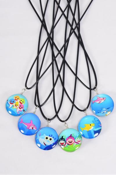 Necklace Happy Shark Under the Sea Double Sided Glass Dome / 12 pcs = Dozen  match 03440 Pendant Size - 1.25" Wide , Necklace 18" Long Extension Chain , 2 of each Pattern Asst , Hang Tag & OPP Bag & UPC Code