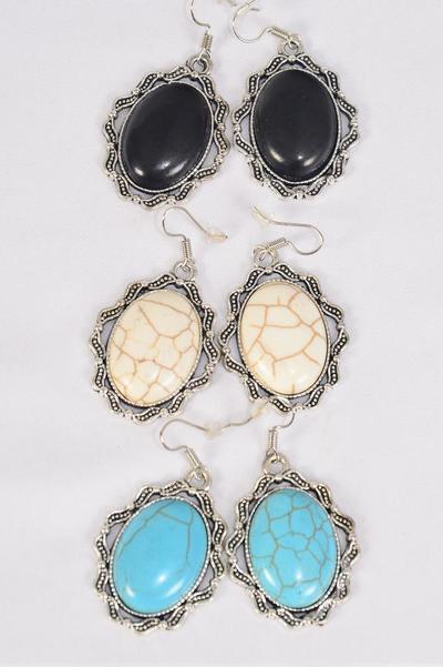 Earrings Metal Antique Oval Dangle Semiprecious Stone / 12 pair = Dozen  Fish Hook , Size - 1.5" x 1" Wide , 4 Black , 4 Ivory , 4 Turquoise Asst , Earring Card & OPP Bag & UPC Code 
