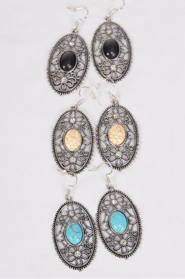 Earrings Metal Antique Flower Semiprecious Stone / 12 pair = Dozen Fish Hook , Size - 1.75" x 1" Wide , 4 Black , 4 Ivory , 4 Turquoise Color Asst , Earring Card & OPP Bag & UPC Code 