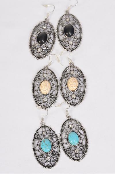 Earrings Metal Antique Flower Semiprecious Stone / 12 pair = Dozen Fish Hook , Size - 1.75" x 1" Wide , 4 Black , 4 Ivory , 4 Turquoise Color Asst , Earring Card & OPP Bag & UPC Code 
