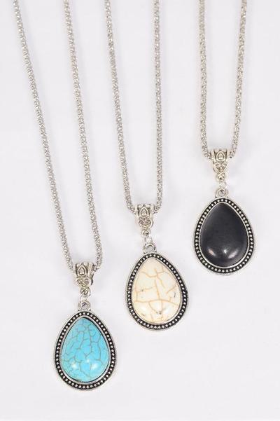 Necklace Silver Chain Metal Antique Teardrop Semiprecious Stone / 12 pcs = Dozen  match 03452 Pendant - 1.75" x 1.25" Wide , Chain - 18" Extension Chain , 4 Ivory , 4 Black , 4 Turquoise Asst , Hang Tag & OPP Bag & UPC Code