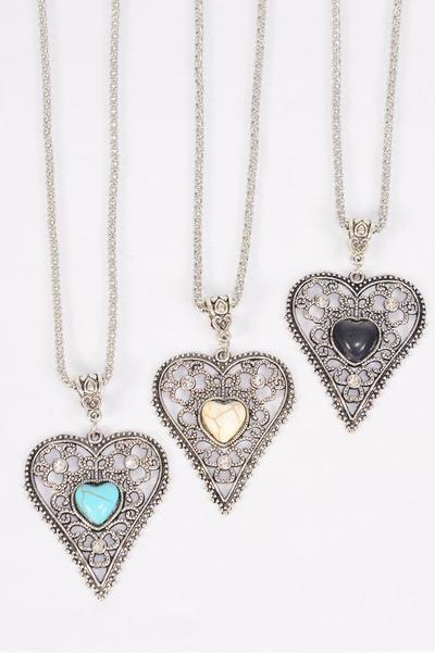 Necklace Silver Chain Metal Antique Filigree Heart Semiprecious Stone / 12 pcs = Dozen  Pendant - 1.75" x 1.5" Wide , Chain - 18" Extension Chain , 4 Ivory , 4 Black , 4 Turquoise Asst , Hang Tag & OPP Bag & UPC Code