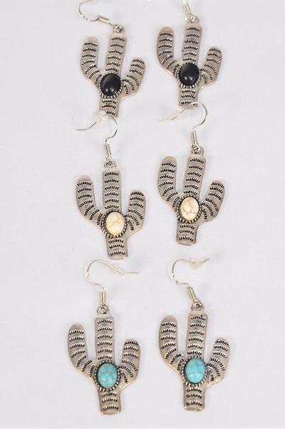 Earrings Metal Antique Cactus Semiprecious Stone / 12 pair = Dozen Match 70314  Fish Hook , Size - 1.5" x 0.75" Wide , 4 Black , 4 Ivor y , 4 Turquoise Asst , Earring Card & OPP Bag & UPC Code