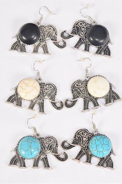Earrings Metal Antique Large Elephant Semiprecious Stone / 12 pair = Dozen   match 27021 Fish Hook , Size - 2 x 1.25" Wide , 4 Black , 4 Ivory , 4 Turquoise Asst , Earring Card & OPP Bag & UPC Code