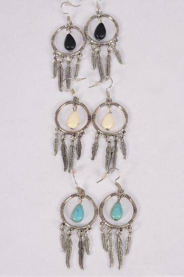 Earrings Metal Antique Dream Catcher Semiprecious Stone / 12 pair = Dozen match 70066 Fish Hook , Size - 2" x 1" Wide , 4 Black , 4 Ivory , 4 Turquoise Asst , Earring Card & OPP Bag & UPC Code