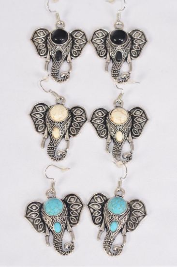 Earrings Metal Antique Elephant Semiprecious Stone / 12 pair = Dozen  match 70010 25651 Fish Hook , Size - 1.25" x 1.25" Wide , 4 Black , 4 Ivory  , 4 Turquoise Asst , Earring Card & OPP Bag & UPC Code 