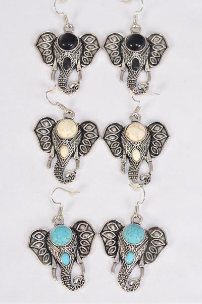 Earrings Metal Antique Elephant Semiprecious Stone / 12 pair = Dozen  match 70010 25651 Fish Hook , Size - 1.25" x 1.25" Wide , 4 Black , 4 Ivory  , 4 Turquoise Asst , Earring Card & OPP Bag & UPC Code 