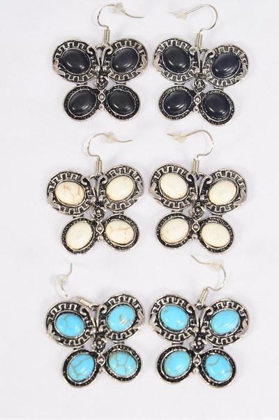 Earrings Metal Antique Butterfly Semiprecious Stone / 12 pair = Dozen Match 76005 Fish Hook , Size - 1.25" x 1" Wide , 4 Black , 4 Ivory , 4 Turquoise Asst , Earring Card & OPP Bag & UPC Code 