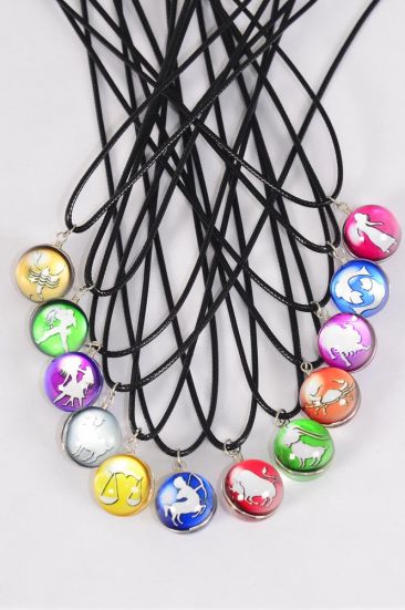 Necklace Greek Myth Zodiac Sign Double Sided Glass Globe Dome / 12 pcs = Dozen  match 03434 Zodiac Sign , Pendant Size - 1.25" Wide , Necklace 18" Long Extension Chain , 12 Month Asst,Hang Tag & OPP Bag & UPC Code