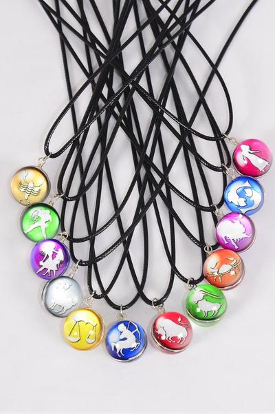 Necklace Greek Myth Zodiac Sign Double Sided Glass Globe Dome / 12 pcs = Dozen  match 03434 Zodiac Sign , Pendant Size - 1.25" Wide , Necklace 18" Long Extension Chain , 12 Month Asst,Hang Tag & OPP Bag & UPC Code