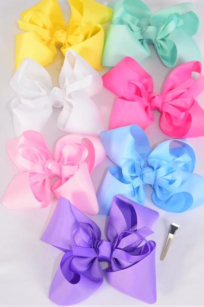 Hair Bow Jumbo Center Ribbon Bowtie Grosgrain Bow-tie / 12 pcs Bow = Dozen Alligator Clip , Bow - 6" x 5" Wide , 2 White , 2 Yellow , 2 Blue , 2 Purple , 2 Pink , 1 Mint Green , 1 Hot Pink Color Mix , Clip Strip & UPC Code