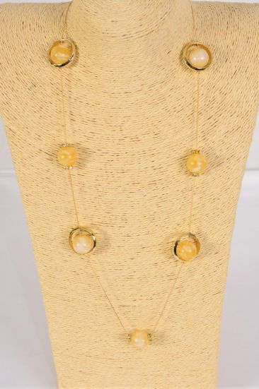 Necklace Trendy Marble Like Rhinestone Bezel Ivory / PC Ivory , 30'' Chain , Hang Card & OPP Bag & UPC Code