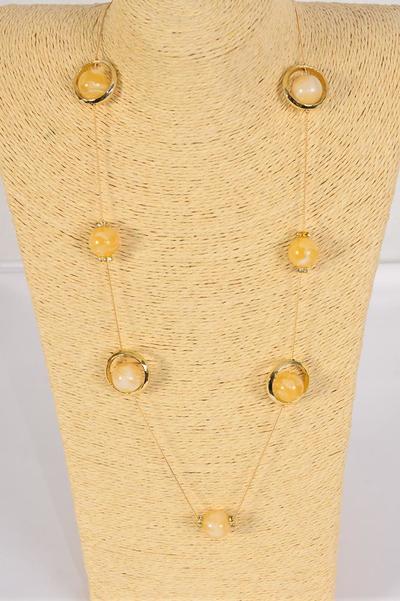 Necklace Trendy Marble Like Rhinestone Bezel Ivory / PC Ivory , 30'' Chain , Hang Card & OPP Bag & UPC Code