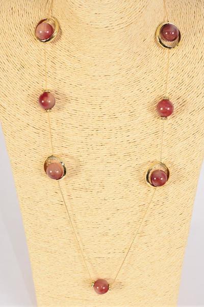 Necklace Trendy Marble Like Rhinestone Bezel Purple / 12 pcs = Dozen Purple , 30'' Chain , Hang Card & OPP Bag & UPC Code