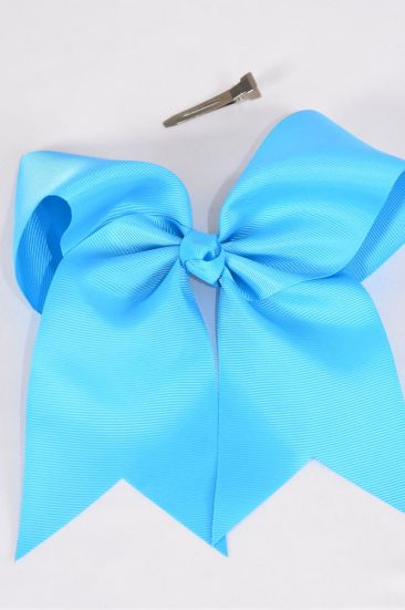 Hair Bow Extra Jumbo Long Tail Cheer Type Bow Turquoise Grosgrain Bow-tie /12 pcs Bow = Dozen Alligator Clip , Size - 6.5" x 6" Wide , Clip Strip & UPC Code