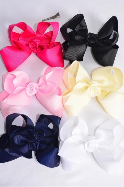 Hair Bow Jumbo Center Satin Roses Grosgrain Bow-tie Multi / 12 pcs Bow = Dozen  Alligator Clip , Size - 6" x 5" Wide , 2 White , 2 Navy , 2 Beige , 2 Black , 2 Baby Pink , 2 Fuchsia Color Asst , Clip Strip & UPC Code