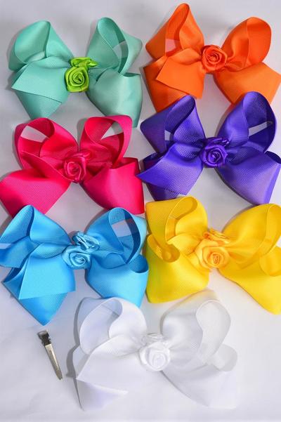 Hair Bow Jumbo Center Satin Roses Grosgrain Bow-tie Citrus / 12 pcs Bow = Dozen  Alligator Clip , Size - 6" x 5" Wide , 2 White , 2 Yellow , 2 Blue , 2 Fuchsia , 2 Purple , 1 Orange,1 Aqua Color Asst , Clip Strip & UPC Code