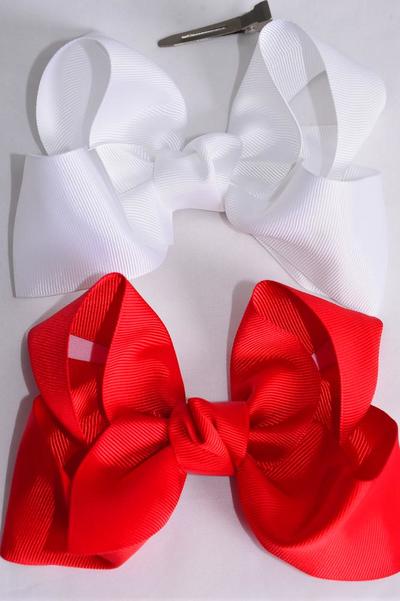 Hair Bow Jumbo Red & White Mix Grosgrain Bow-tie / 12 pcs Bow = Dozen Alligator Clip , Size - 6" x 5" Wide , 6 of each Pattern Asst , Clip Strip & UPC Code
