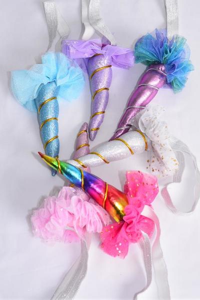 Headband Elastic Metallic Unicorn Pastel / 12 pcs Unicorn Bow = Dozen Unicorn- 4"x 2" , 3 White , 2 Pink , 2 Blue , 2 Lavender , 2 Hot Pink , 2 Multi Asst , Hang Tag & UPC Code