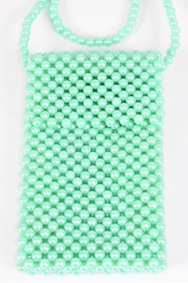 Purse Pearl Bags Shoulder Bag Beaded Messenger Cross body Bags Phone Purse / PC Mint Green , Handmade , Size - 7" x 4.25" Wide , OPP Bag & UPC Code