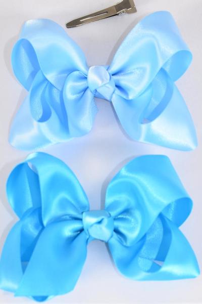 Hair Bow Large Satin Blue Mix Bow-tie / 12 pcs = Dozen Alligator Clip , Size - 4" x 3" Wide , 6 Sky Blue , 6 Turquoise Color Asst , Clip Strip & UPC Code