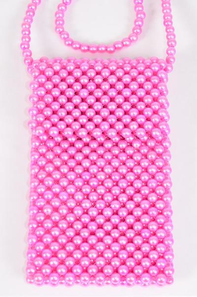 Pearl Bags Women Handbags Ladies Evening Party Shoulder Bag Beaded Messenger Crossbody Bags Phone Purse/PC **Hot Pink** Handmade,Size-7"x 4.25" Wide,OPP Bag & UPC Code