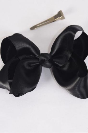 Hair Bow Large Satin Black Bow-tie / 12 pcs = Dozen Black , Alligator Clip , Size - 4" x 3" Wide , Clip Strip & UPC Code