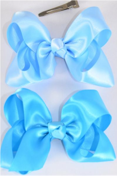 Hair Bow Large Satin Sky Blue Bow-tie / 12 pcs = Dozen Sky Blue , Alligator Clip , Size - 4" x 3" Wide , Clip Strip & UPC Code