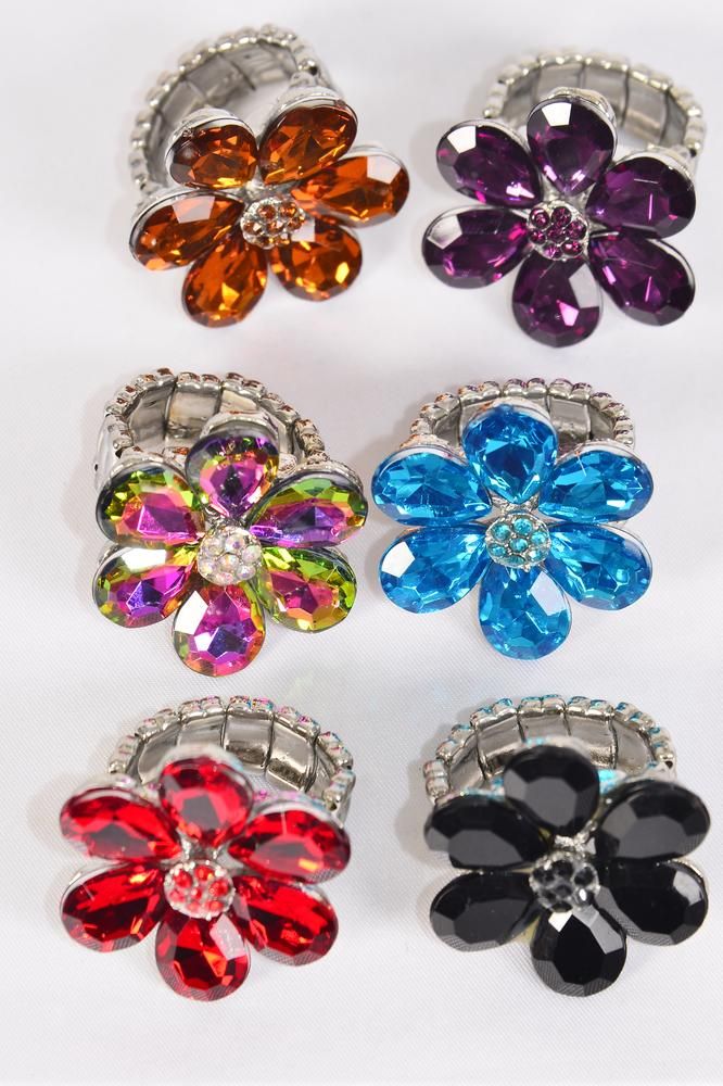 Rings Acrylic Flower Color Rhinestones Stretch Dark Multi/DZ **Stretch