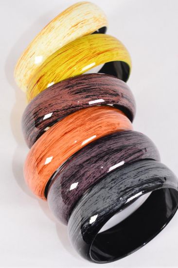 Bracelet Bangle Acrylic Brush Stroke Fall Gloss Wood Finish / 12 pcs = Dozen Netural , Size - 2.75" x 1" Dia Wide , 2 of each Pattern Asst , Hang Tag & Opp bag & UPC Code 