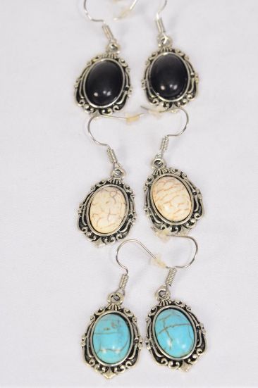 Earrings Metal Antique Oval Semiprecious Stone / 12 pair = Dozen Fish Hook , Size - 1" x 0.75" Wide , 4 Black , 4 Ivory , 4 Turquoise Asst , Earring Card & OPP Bag & UPC Code -