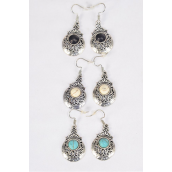 Earrings Metal Antique Aztec Western Look Semiprecious Stone/DZ **Fish Hook** Size-1.25&quot;x 1&quot; Wide,4 Black,4 Ivory,4 Turquoise Asst,Earring Card &amp; OPP Bag &amp; UPC Code -