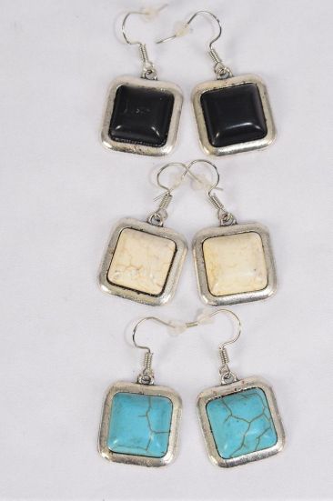 Earrings Metal Antique Square Semiprecious Stone / 12 pair = Dozen Fish Hook , Size - 1" Wide , 4 Black , 4 Ivory , 4 Turquoise Asst , Earring Card & OPP Bag & UPC Code