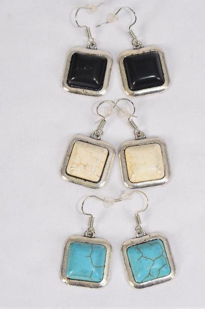 Earrings Metal Antique Square Semiprecious Stone / 12 pair = Dozen Fish Hook , Size - 1" Wide , 4 Black , 4 Ivory , 4 Turquoise Asst , Earring Card & OPP Bag & UPC Code
