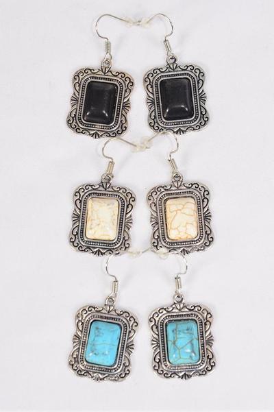Earrings Metal Antique Oblong Dangle Semiprecious Stone / 12 pair = Dozen Fish Hook , Size - 1.25" x 1" Wide , 4 Black , 4 Ivory , 4 Turquoise Asst , Earring Card & OPP Bag & UPC Code