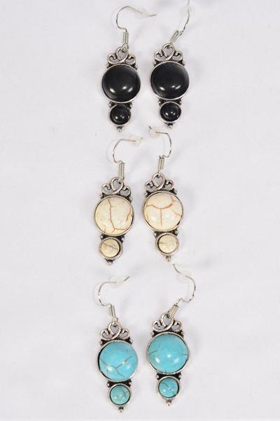 Earrings Metal Antique Dangle Western Look Semiprecious Stone / 12 pair = Dozen Fish Hook , Size - 1.25" x 0.75" Wide , 4 Black , 4 Ivory , 4 Turquoise Asst , Earring Card & OPP Bag & UPC Code 