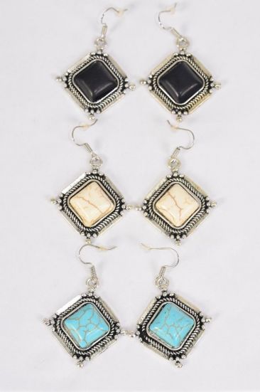 Earrings Metal Antique Square Semiprecious Stone / 12 pair = Dozen  Fish Hook , Size-1"x 1" Wide , 4 Black , 4 Ivory , 4 Turquoise Asst , Earring Card & OPP Bag & UPC Code