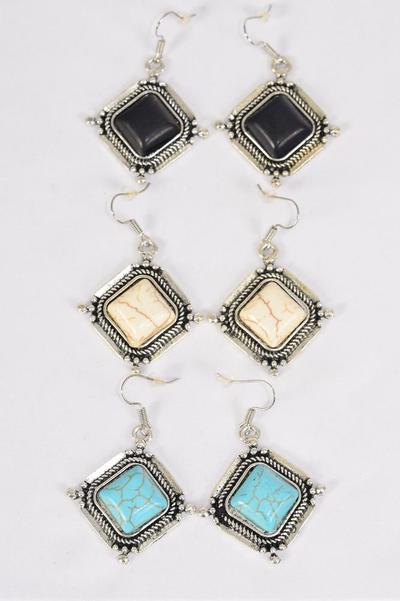 Earrings Metal Antique Square Semiprecious Stone / 12 pair = Dozen  Fish Hook , Size-1"x 1" Wide , 4 Black , 4 Ivory , 4 Turquoise Asst , Earring Card & OPP Bag & UPC Code