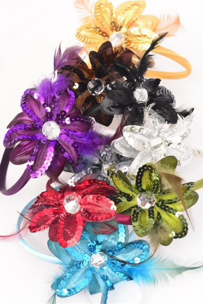 Headband Horseshoe Sequin Daisy Flower W Feathers Dark Multi / 12 pcs = Dozen  Flower - 4.5" Wide , 2 Black , 2 Brown , 2 Silver , 1 Blue , 1 Purple , 1 Gold , 1 Red , 1 Green , 1 Gray Color Asst , Hang tag & UPC Code