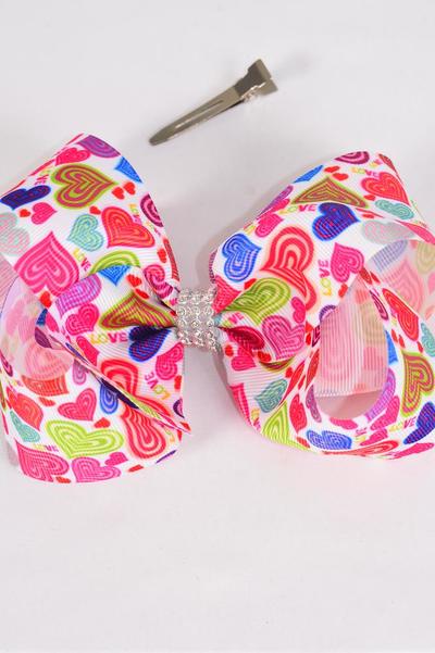 Hair Bow Jumbo Love Colorful Hearts Center Clear Stones Grosgrain Bow-tie/DZ Alligator Clip ,  Size - 6" x 5" Wide , Clip Strip & UPC Code