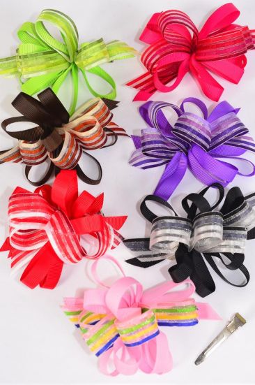 Hair Bow Loop Bow Grosgrain & Chiffon Stripes Mix Multi / 12 pcs Bow = Dozen Alligator Clip , Bow - 5" x 4" Wid , 2 Black , 2 Red , 2 Brown , 2 Purple , 2 Pink , 1 Lime , 1 Fuchsia , 1 Lime Mix , Clip Strip