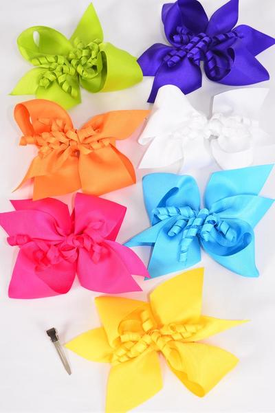 Hair Bow Jumbo Center Twirl Citrus Grosgrain Bow-tie / 12 pcs Bow = Dozen Alligator Clip , Size - 6" x 5" Wide , 2 White , 2 Fuchsia , 2 Blue , 2 Purple , 2 Yellow , 1 Lime , 1 Orange Colour Mix , Clip Strip & UPC Code